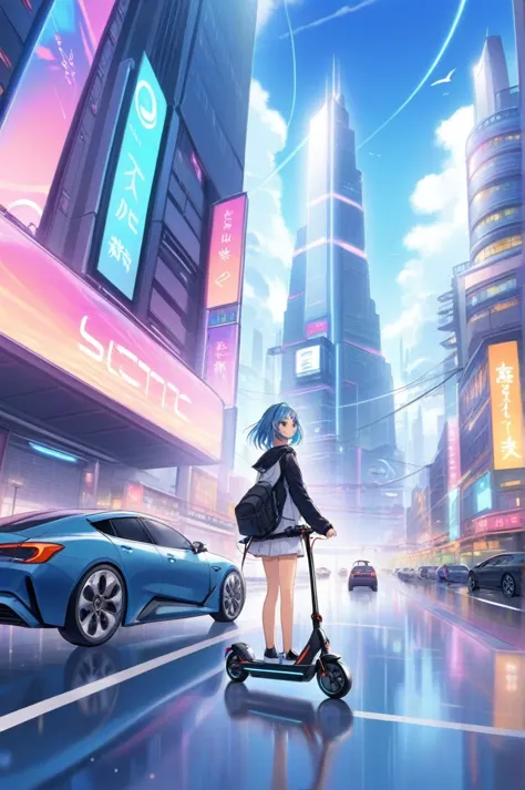 Anime artwork 2D, One Man, Electric Kickboard, Are standing, road, Ride an electric scooter around town . Anime Style, Key Visua...