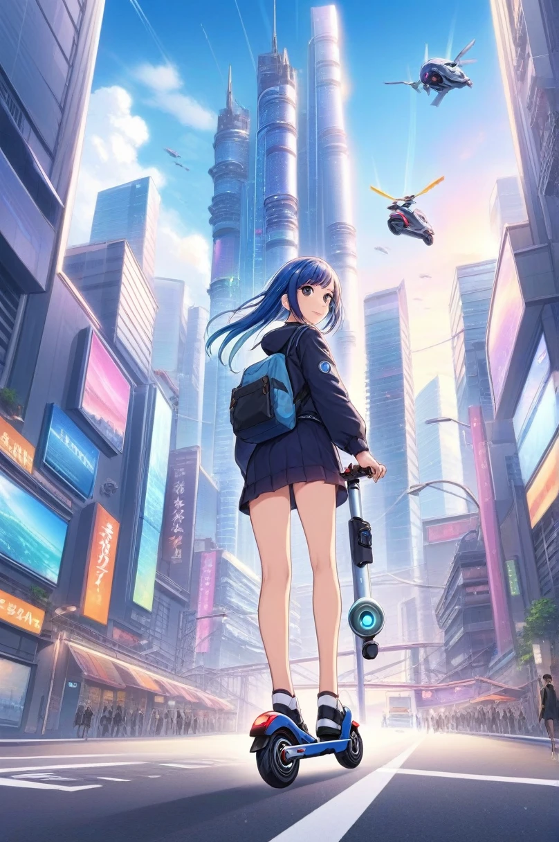 Ilustraciones de anime 2D, Un hombre, patinete electrico, Están de pie, camino, Pasea por la ciudad en patinete eléctrico . estilo animado, clave visual, futuro cercano, Studio Anime,Paisaje urbano futurista con coches voladores y coloridos rascacielos