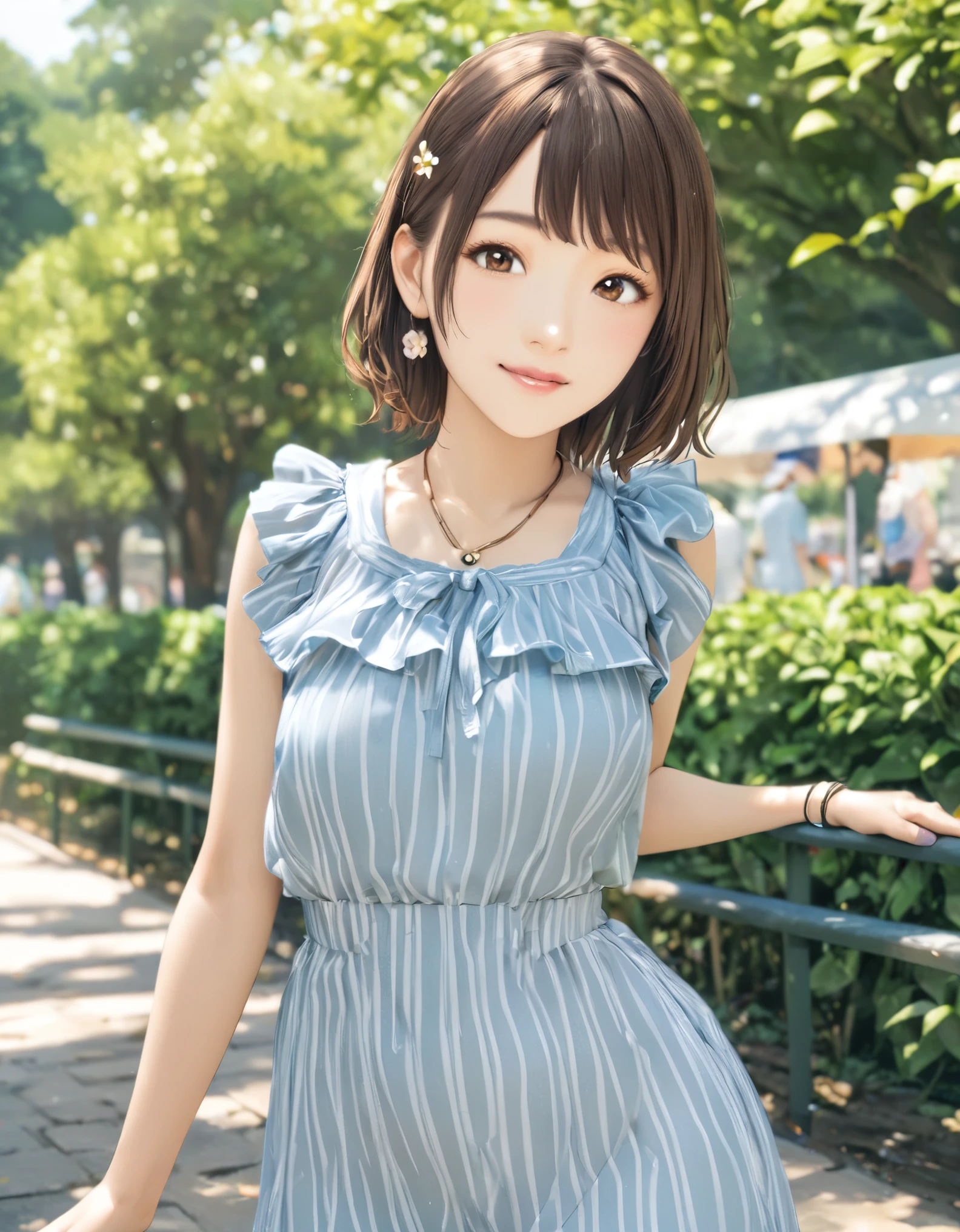 (best quality:1.2), 1girl, Ueno Park, blouse, summer, cowboy shot, shoot from front