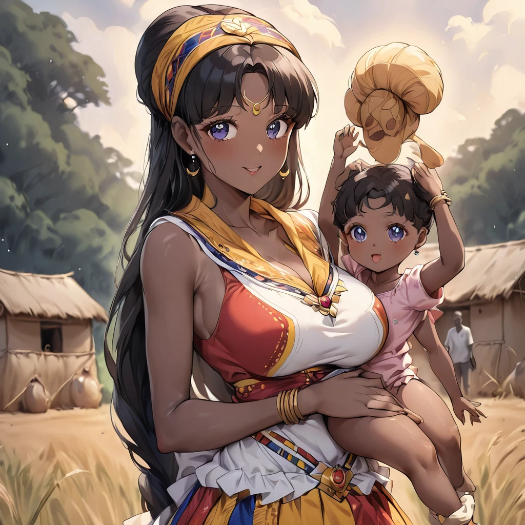 ((de la máxima calidad)), ((Obra maestra)), (detallado), （cara perfecta）、La mujer es una Tsukino Usagi nacida en Ghana con una piel oscura y vívida., negro de nacimiento, y lleva un colorido vestido ghanés de un pueblo ghanés., un colorido pañuelo turbante en la cabeza, preciosos accesorios con joyas, y un anillo de compromiso.、La mujer es la elegante Tsukino Usagi., con su corto cabello afro negro recogido en una trenza de Ghana, wearing a colorful Ghanaian dress and un colorido pañuelo turbante en la cabeza, con piel vibrante de color marrón oscuro, una persona negra de nacimiento, y un ghanés de nacimiento, Tsukino Usagi.、（La mujer es una ghanesa negra con piel de color marrón oscuro intenso..）、La mujer está criando hijos y trabajando en la aldea con otras niñas de su aldea en Ghana..、、La mujer sostiene a su hija、Las familias ghanesas polígamas son numerosas y tienen muchas otras esposas e hijos..