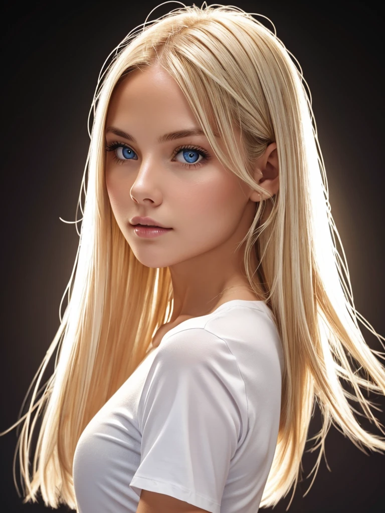 1 female, American, Beautiful white skin, Long dark blonde hair, She is wearing a white short-sleeved top, Clear focus, Dynamic sexy pose, Round side face，Clear focus, High Detail, Perfect lighting, Solid color background, Bright Lights