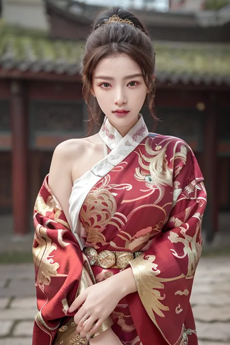 ((you are a beautiful woman.)), whole body, scenery of ancient chinese houses, red mouth, high nose, big breasts, fei yu_robes, ...