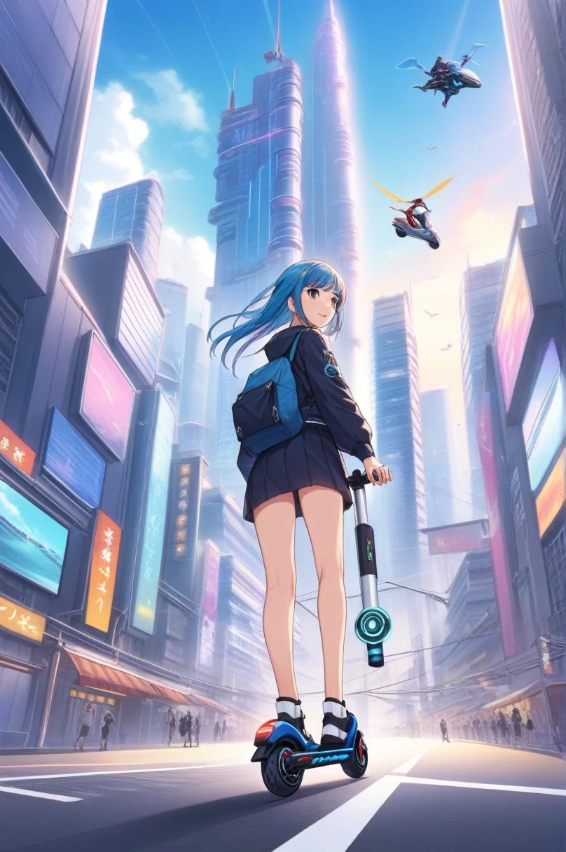 Ilustraciones de anime 2D, Un hombre, patinete electrico, Están de pie, camino, Pasea por la ciudad en patinete eléctrico . estilo animado, clave visual, futuro cercano, Studio Anime,Paisaje urbano futurista con coches voladores y coloridos rascacielos