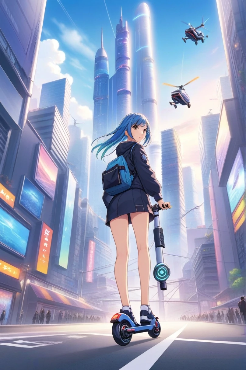 Oeuvre d&#39;anime 2D, Un homme, Planche électrique, Sont debout, route, Conduisez un scooter électrique en ville . Style animé, visuel clé, futur proche, animé en studio,Paysage urbain futuriste avec voitures volantes et gratte-ciel colorés