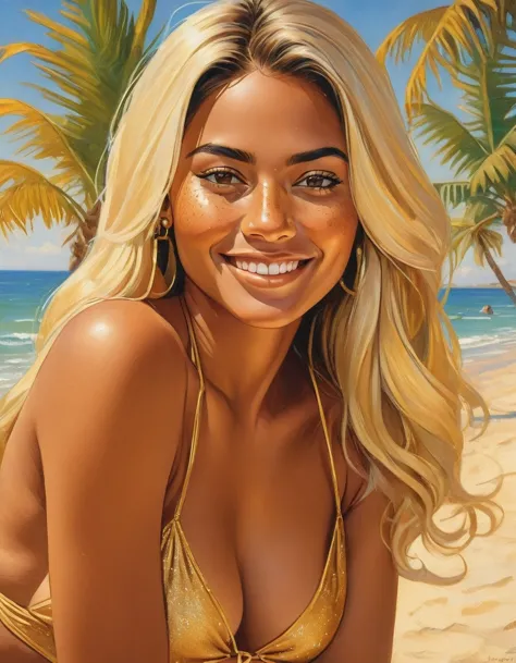 Beautiful latin american woman with tanned skin, freckles in her face, platinum blonde long hair, wearing a golden bikini, (1 Gi...