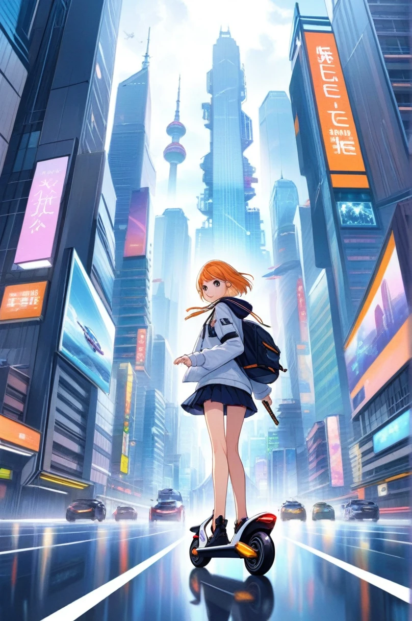 Ilustraciones de anime 2D, Un hombre, Están de pie, camino, Pasear por la ciudad en patinete eléctrico . estilo animado, clave visual, futuro cercano, Studio Anime,Paisaje urbano futurista con coches voladores y coloridos rascacielos