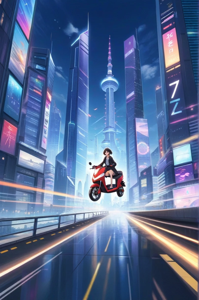 Oeuvre d&#39;anime 2D, Un homme, Sont debout, route, Se promener en ville en scooter électrique . Style animé, visuel clé, futur proche, animé en studio,Paysage urbain futuriste avec voitures volantes et gratte-ciel colorés