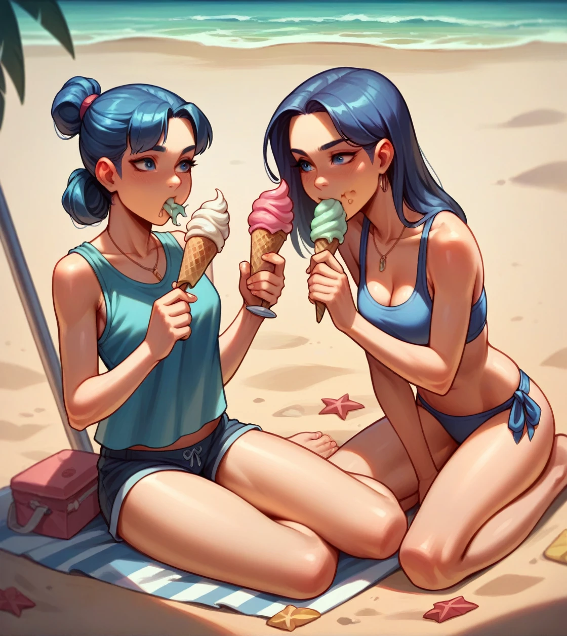 Girls,sitting on the sand, beach clothes, lots of people,Eating ice cream, beach background,Ultra HD 8k quality