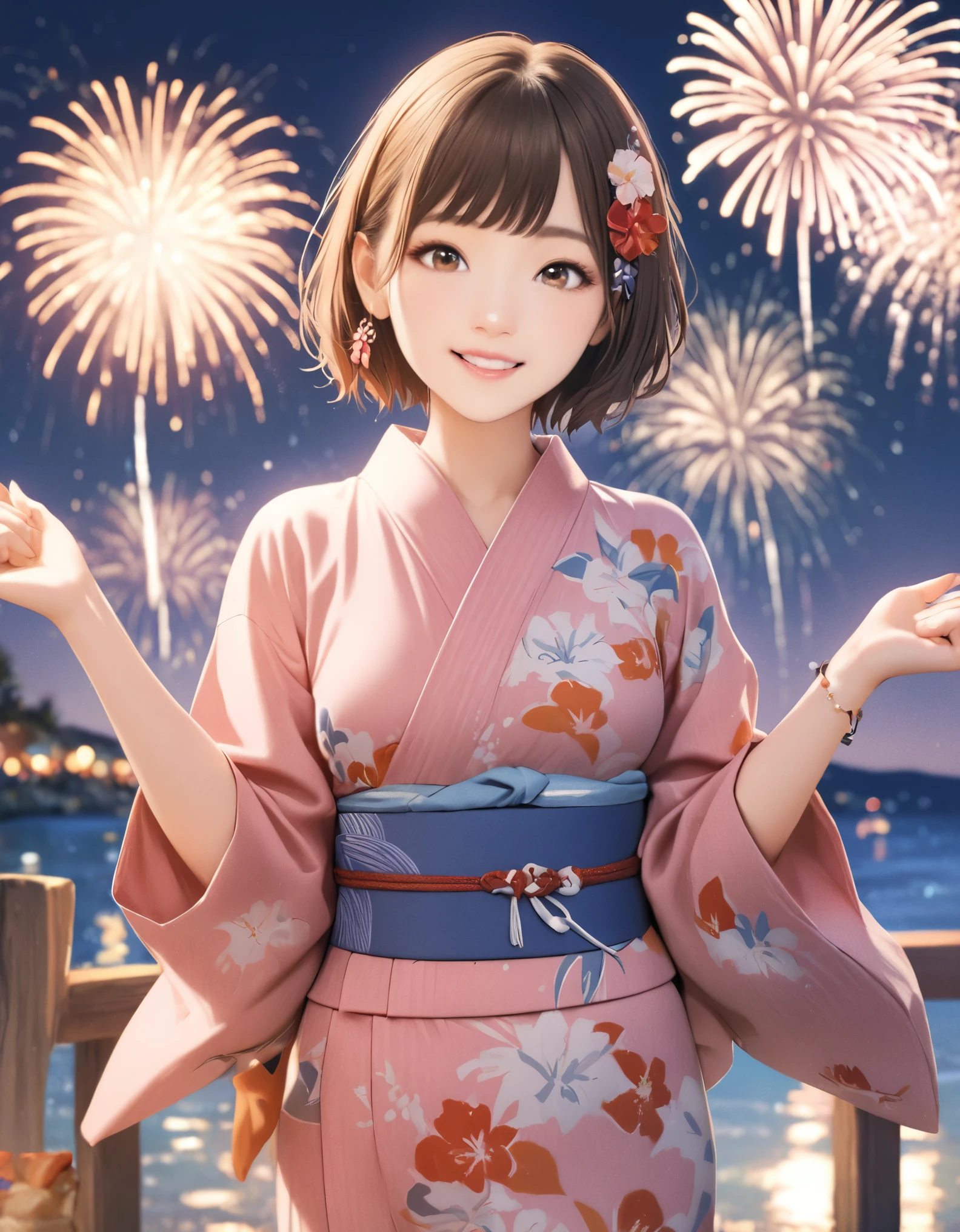 (最高品質:1.2), 1人の女の子, 花火, yukata, 夏, カウボーイショット, 正面から撃つ