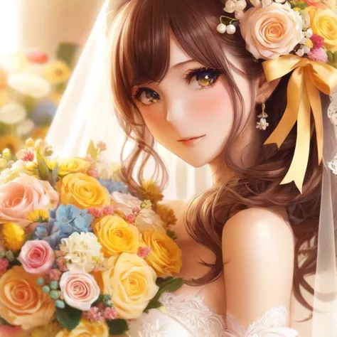 close up portrait of woman holding bouquet of flowers, beautiful anime girl, beautiful anime woman, cute anime girl, beautiful a...