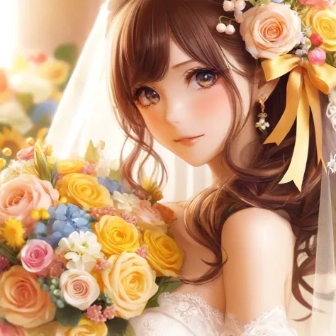 Close up portrait of woman holding bouquet of flowers, Beautiful Anime girl, Beautiful Anime woman, Cute Anime Girl, Beautiful A...