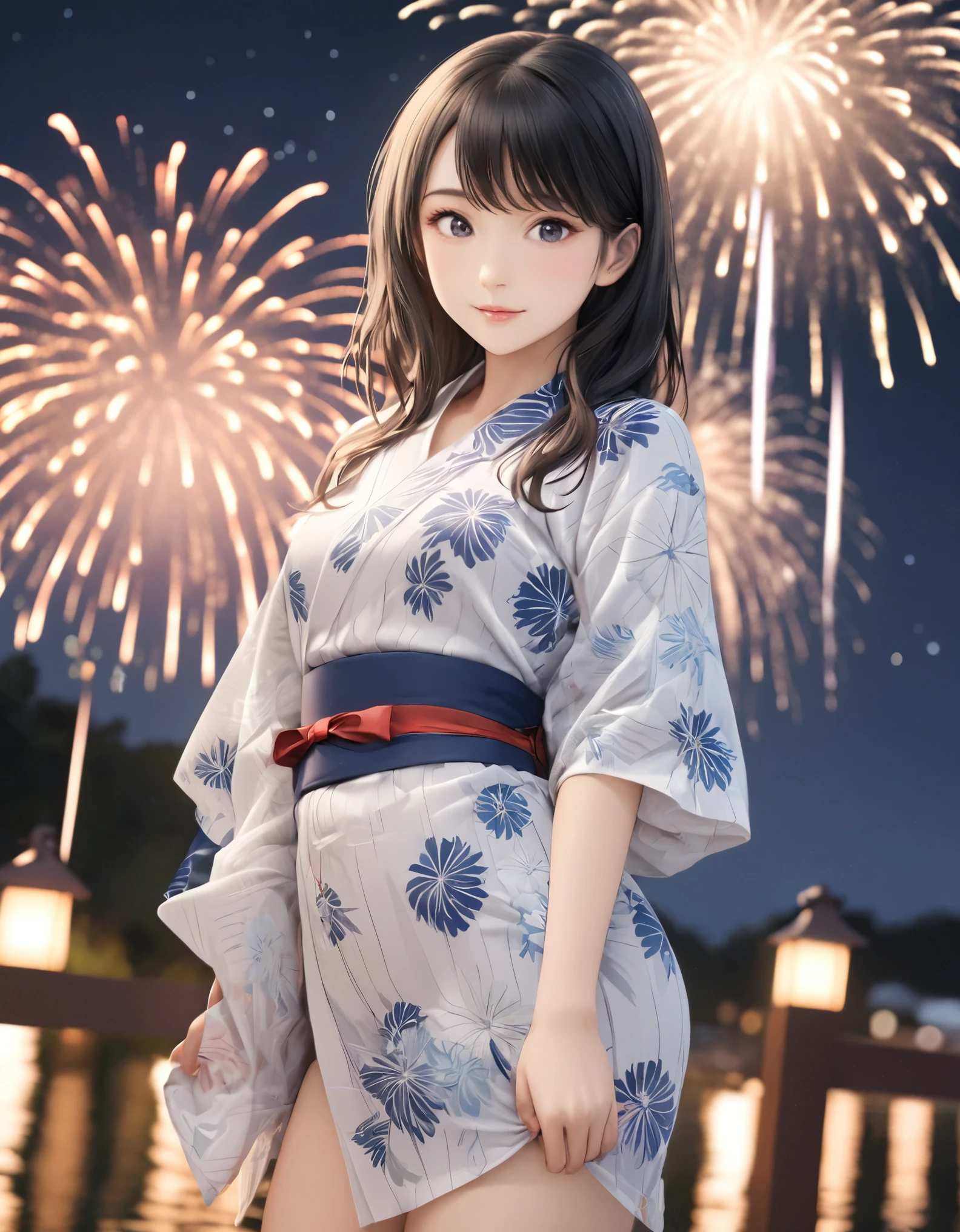 (最高品質:1.2), 1人の女の子, 花火, yukata, 夏, カウボーイショット, 正面から撃つ