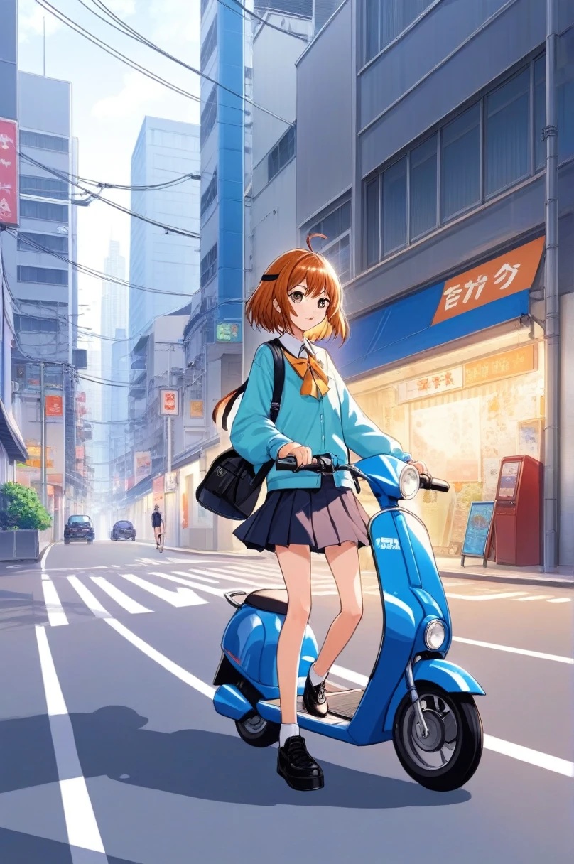 Ilustraciones de anime 2D, Un hombre, Están de pie, camino, Pasear por la ciudad en patinete eléctrico . estilo animado, clave visual, Studio Anime