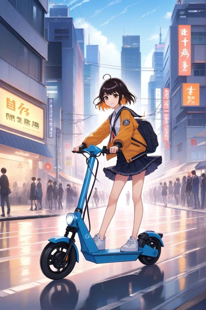 Arte de anime 2D, Um homem, Estão de pé, estrada, Andando pela cidade em uma scooter elétrica . estilo anime, chave visual, Anime de estúdio