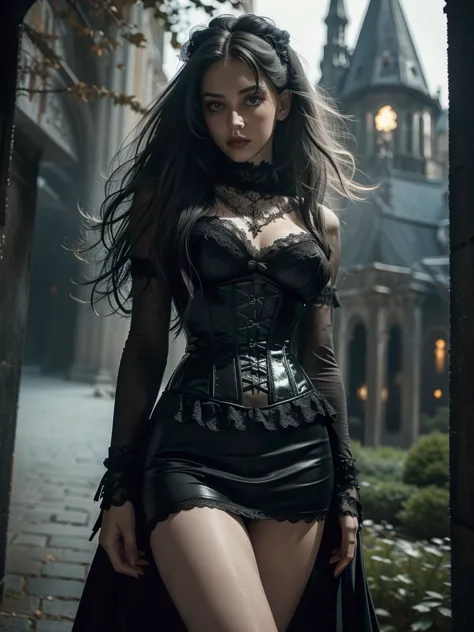 A stunning Gothic beauty, in a black gown with a corset and lace details, very short skirt, naked from below. Her luminous pale ...
