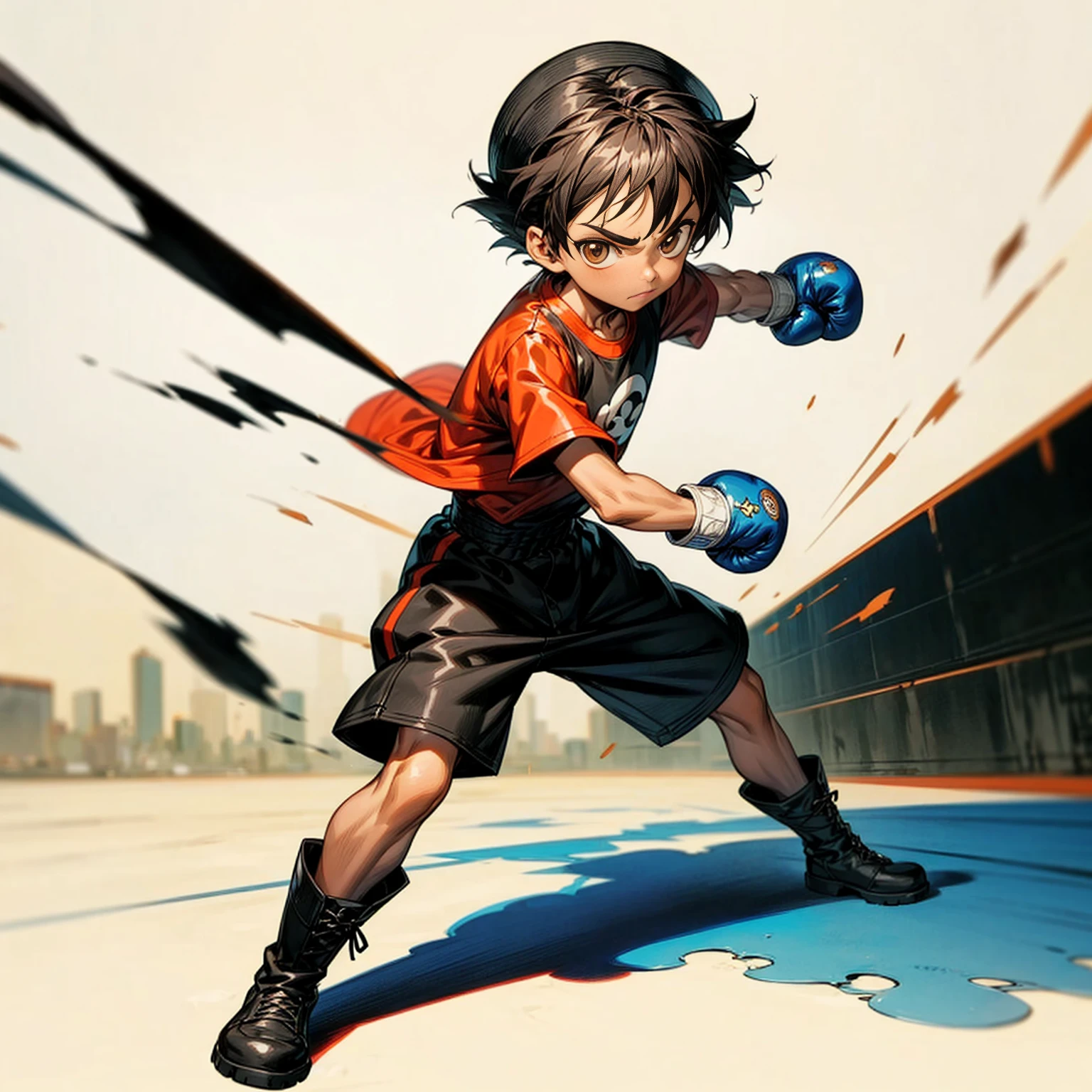 1little boy, Full body version, 1character, brown eyes color, tan skin, bowl hairstyle, black colour hair, streetwear style clothing, boots, blue hat, Grassroots background in city, motion blur, (one piece style art), shadow, no weapon, boxing gloves, boxing