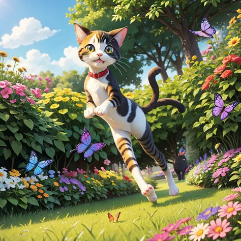 A playful cartoon cat chasing a butterfly in a garden."