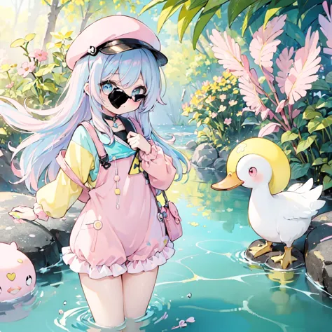 anime girl in a hat and shorts with ducks in the water, multicolor hair, (blue to pink hair:1.5,)an anime drawing by Kamagurka, ...