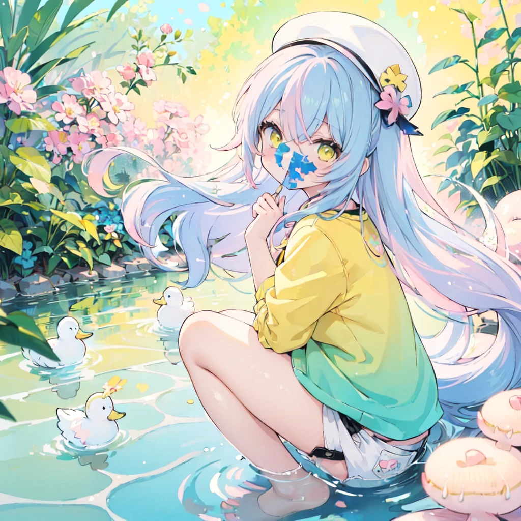 anime girl in a hat and shorts with ducks in the water, multicolor hair, (blue to pink hair:1.5,)an anime drawing by Kamagurka, trending on pixiv, process art, splash art anime , from the azur lane videogame, from girls frontline, cute art style, duckies, yellow. (color palette: yellow, pink, blue, pastel tones:1.5), ❤🔥🍄🌪, , azur lane style, fantasy duck concept portrait,LIME GREEN neon background of a forest 