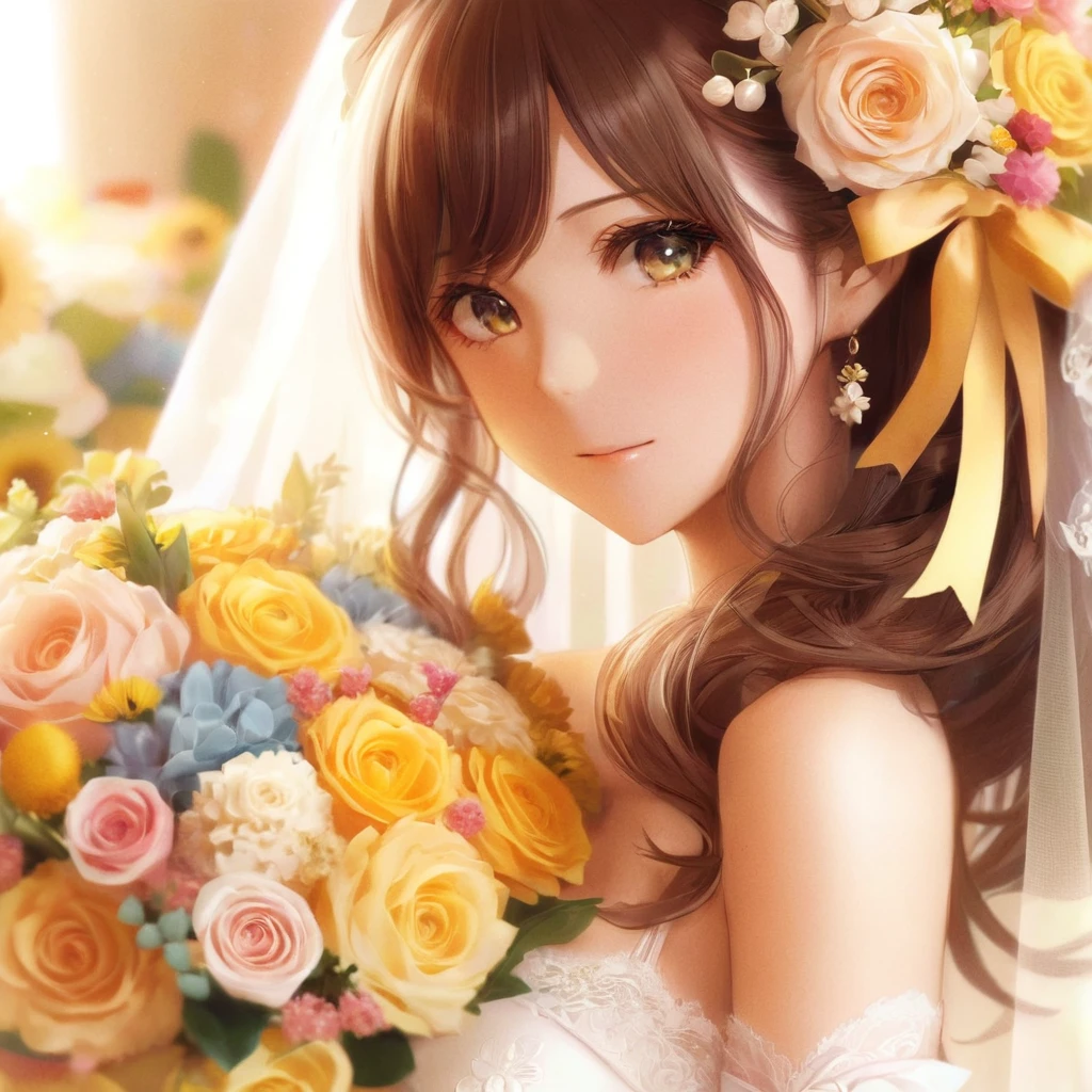 Close up portrait of woman holding bouquet of flowers, Beautiful Anime girl, Beautiful Anime woman, Cute Anime Girl, Beautiful Anime style, Beautiful and gorgeous digital art, Beautiful Anime, Beautiful Anime portrait, Cute Anime Girl, Beautiful sunflower anime girl, Attractive anime girl, Smooth anime CG art, Cute realistic portrait, Beautiful Anime face, Beautiful Anime art, Cute Anime Girl portraits