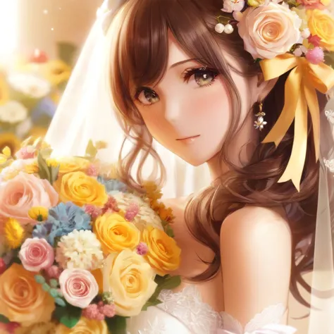 Close up portrait of woman holding bouquet of flowers, Beautiful Anime girl, Beautiful Anime woman, Cute Anime Girl, Beautiful A...