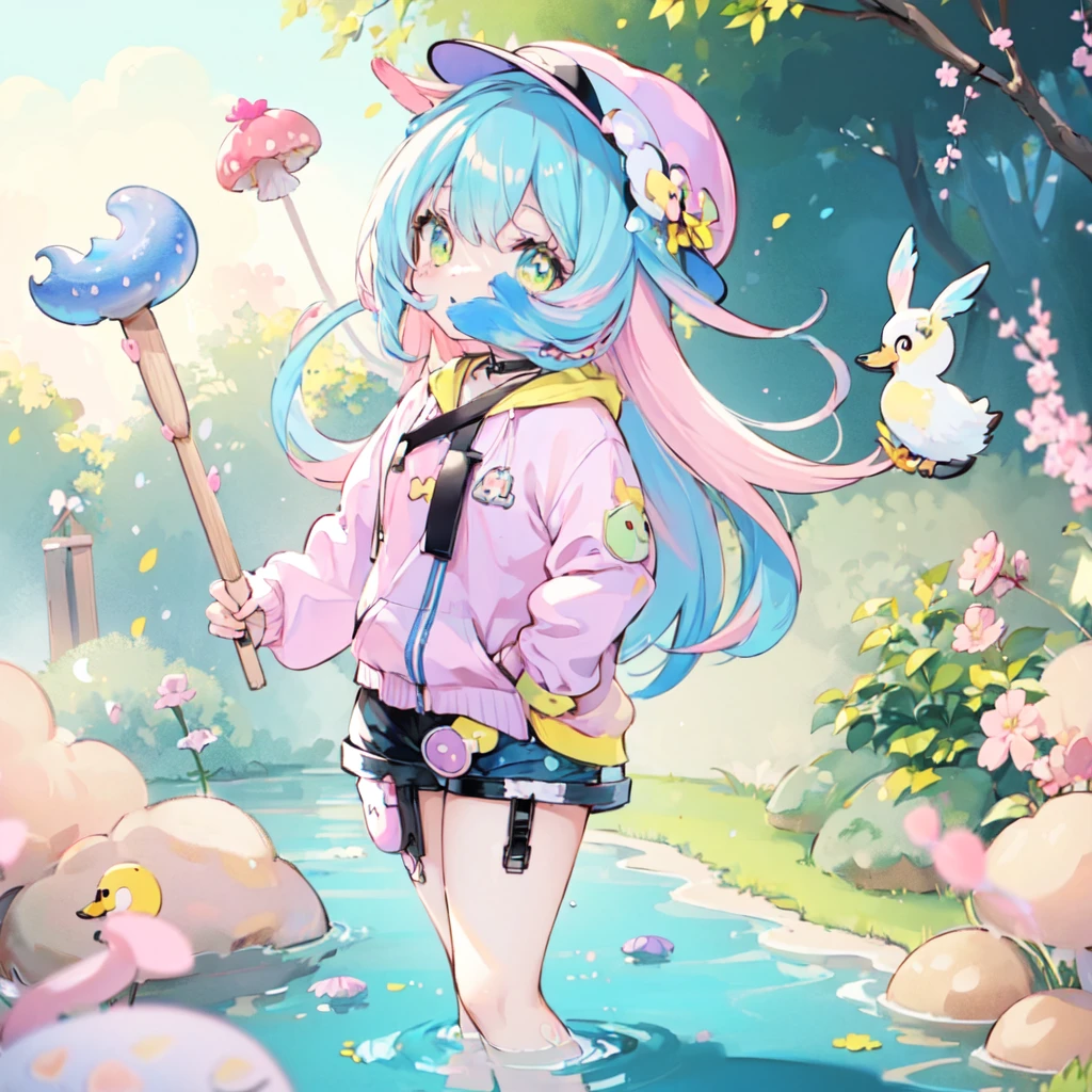 garota anime de chapéu e shorts com patos na água, Cabelo multicolorido, (azul to Rosa hair:1.5,)um desenho de anime de Kamagurka, tendências no Pixiv, process art, Arte Splash Anime , do videogame azur lane, das meninas da linha de frente, estilo de arte fofo, patinhos, amarelo. (Paleta de cores: amarelo, Rosa, azul, tons pastel:1.5), ❤🔥🍄🌪, , estilo azur lane, retrato de conceito de pato de fantasia,Fundo neon VERDE-LIMA de uma floresta 