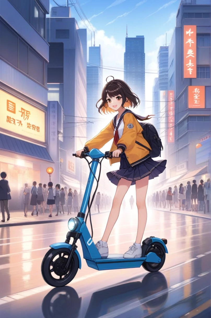 Oeuvre d&#39;anime 2D, Une fille, Sont debout, route, Se promener en ville en scooter électrique . Style animé, visuel clé, animé en studio