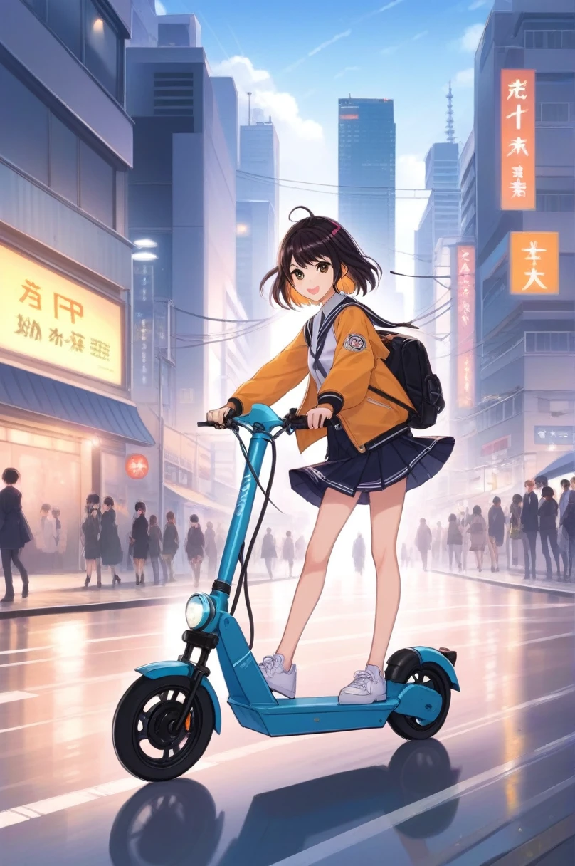 Oeuvre d&#39;anime 2D, Une fille, Sont debout, route, Se promener en ville en scooter électrique . Style animé, visuel clé, animé en studio