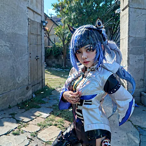 Anime girl with blue hair and horns on a street., realistic 3d anime, 2. 5d cgi anime fantasy artwork, animated style 3d, animat...