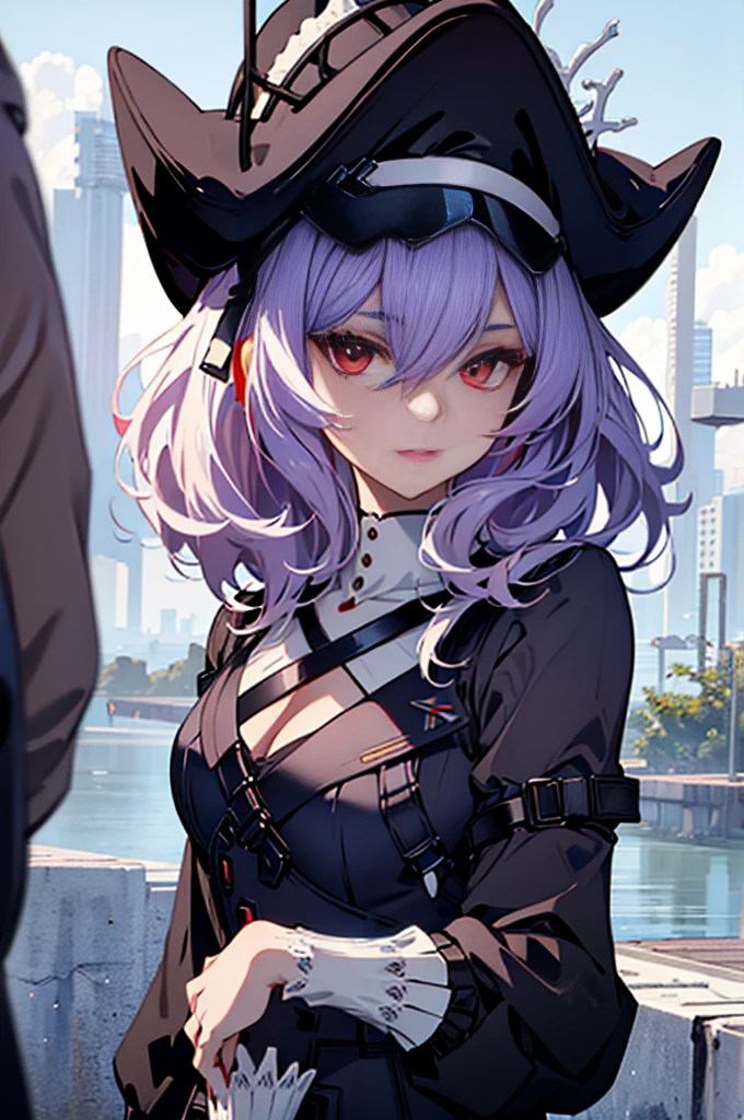 a beautiful girl with violet hair wearing a black dress, extremely detailed facial features, bob haircut, woman wearing a long black and red coat, solo character, white background, anime style, very detailed, photorealistic, 8k, best quality, masterpiece, red eyes, short hair