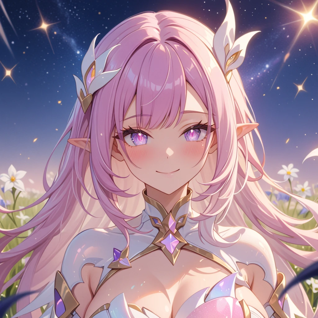 1girl,elysia (herrscher of human ego), very long pink hair,pointed ears, standing,beautiful closed mouth smile,full body, white clothes,cowboy shot,flower field,(dark blue grass),garden, crystalflies,iridescent glow, large breasts,masterpiece, best quality, very aesthetic, absurdres, newest, intricate details, ai l-generated, intricate,night scene, cosmic galactic sky,light particles,face_focus,eye_focus,dsmile