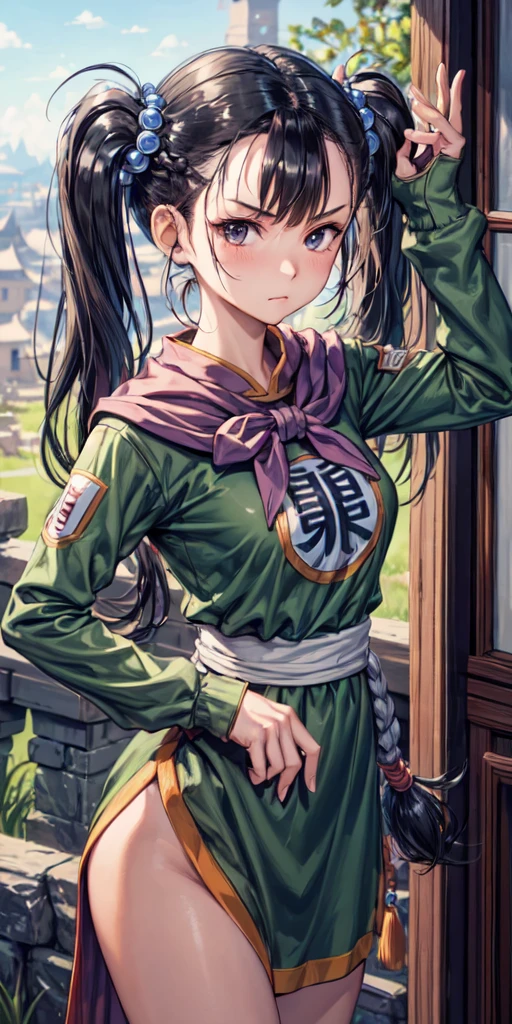 masterpiece, best quality, 4k, 8k, fighter (dq3), 1girl, solo, long hair, twintails, looking at viewer, black hair, hair ornament, long sleeves, dress, medium breasts, closed mouth, cowboy shot, black eyes, arm up, chinese clothes, hair bobbles, clenched hand, fighting stance, Ancient Castle, indoor