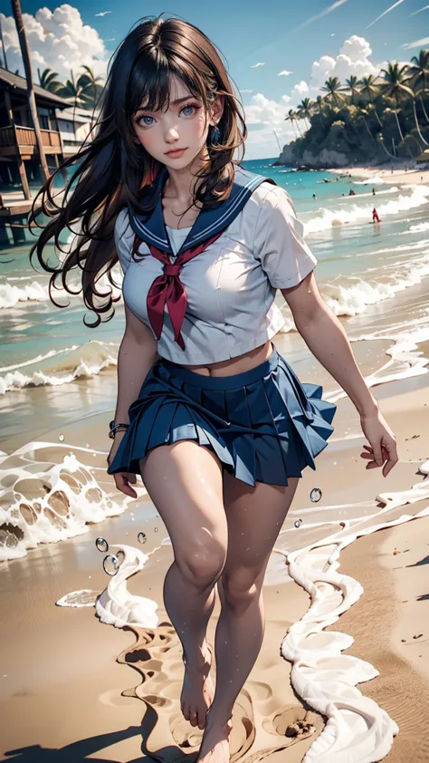 japanese women、semi-long、sexy proportions、high school girl、summer sailor uniform、navy blue mini pleated skirt、running barefoot o...