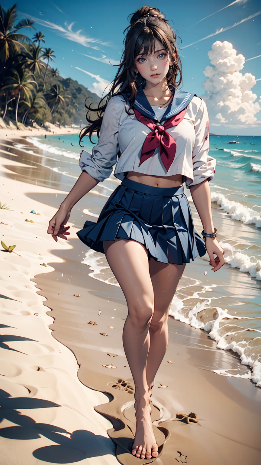 японские женщины、Полудлинный、сексуальные пропорции、старшеклассница、Летняя матросская форма、темно-синяя мини-юбка со складками、Бег босиком по песчаному пляжу на побережье Тихого океана、Следы остаются на песке