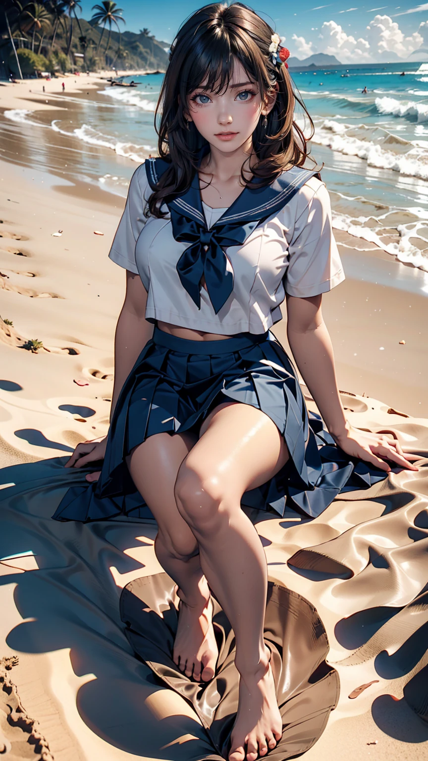 Japanese women、semi-long、Sexy proportions、high school girl、Summer sailor uniform、Navy blue mini pleated skirt、Running barefoot on the sandy beach on the Pacific coast、Footprints remain on the sand