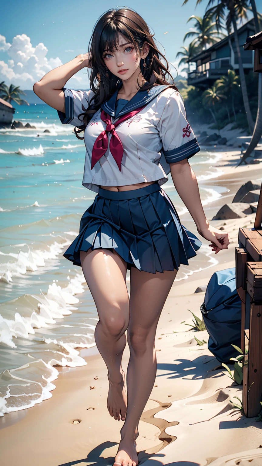 японские женщины、Полудлинный、сексуальные пропорции、старшеклассница、Летняя матросская форма、темно-синяя мини-юбка со складками、Бег босиком по песчаному пляжу на побережье Тихого океана、Следы остаются на песке
