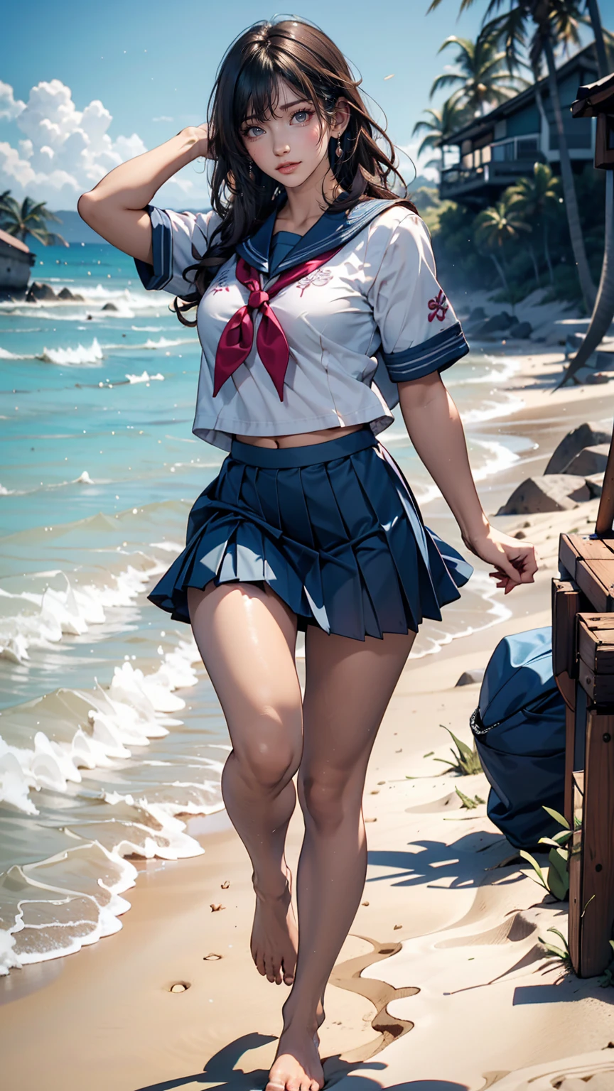 Japanese women、semi-long、Sexy proportions、high school girl、Summer sailor uniform、Navy blue mini pleated skirt、Running barefoot on the sandy beach on the Pacific coast、Footprints remain on the sand