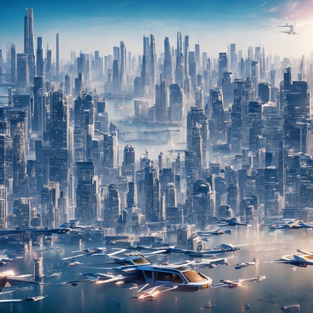 A futuristic city skyline with AI-driven flying cars