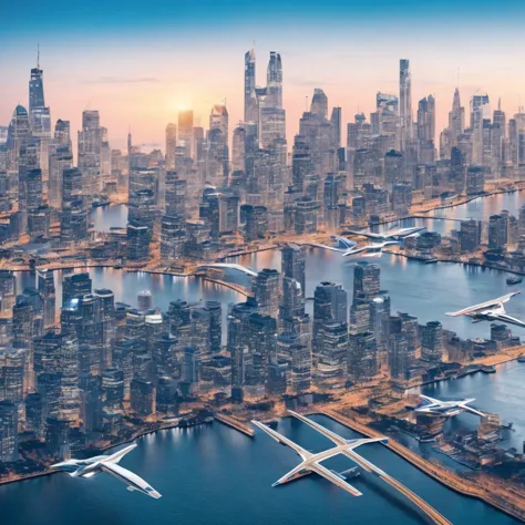 a futuristic city skyline with ai-driven flying cars