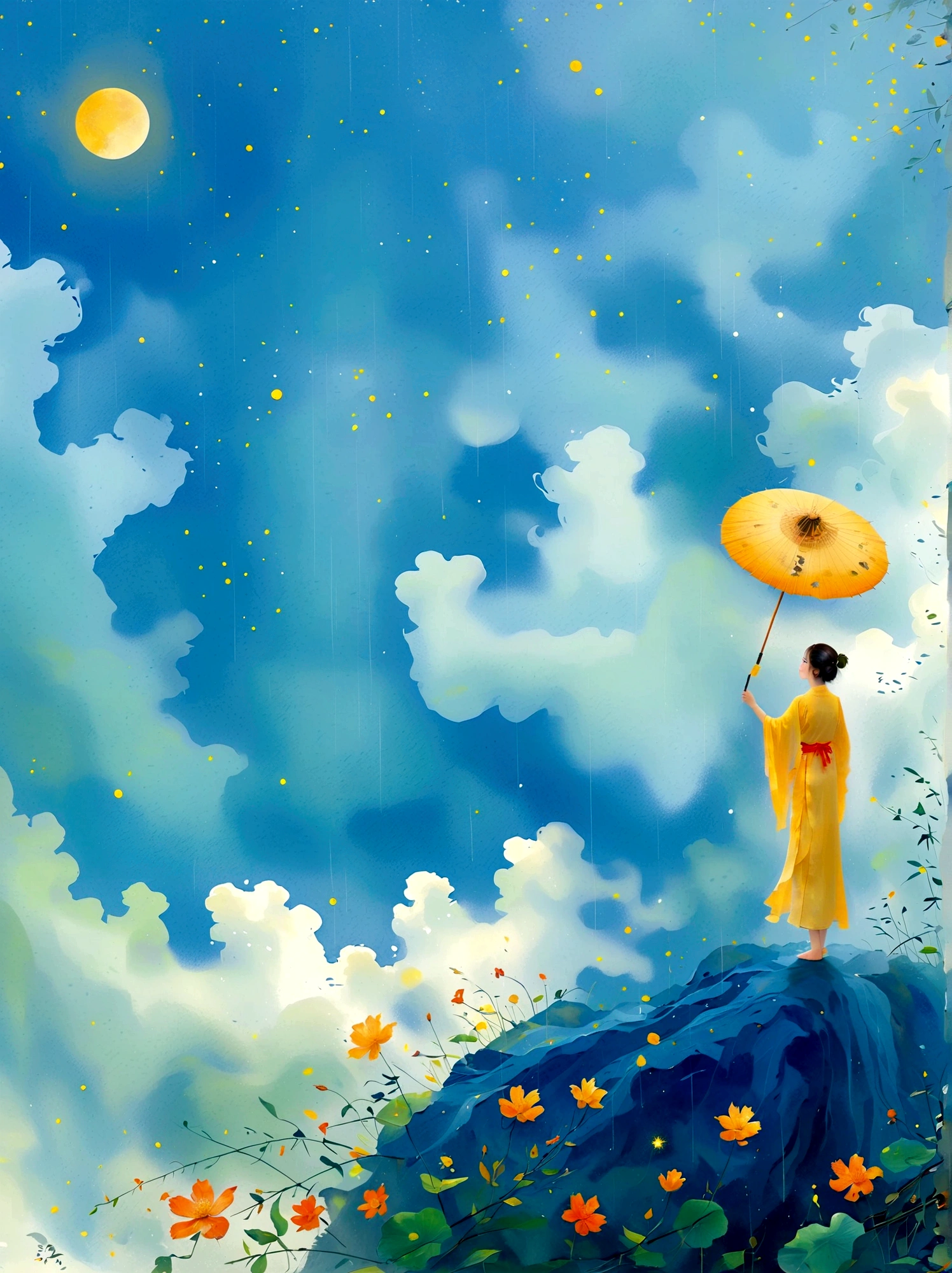 Le style d&#39;illustration de Cai GuoRUN, 1fille, Une femme en jupe longue se tient sur une falaise et regarde le ciel étoilé, Déesse de l&#39;espace, Déesse de la Voie Lactée, Déesse du Ciel, astral éthéré, rêve, Magnifique sorcier céleste, Magnifique tableau fantastique, bel art fantastique, fantaisie éthérée, Very bel art fantastique, fantaisie d&#39;art numérique, enchanteur et surnaturel, Beauté fantastique, Le bel art du rendu Octane UHD 8K, lumière volumétrique, lumière douce et naturelle, (ultra-délicat:1.2, Perte de concentration:1.2, coloré, éclairage de cinéma, tracé laser), très riche, ultra détaillé, 1cgrssh1, Clair-obscur, chef-d&#39;œuvre, 8k