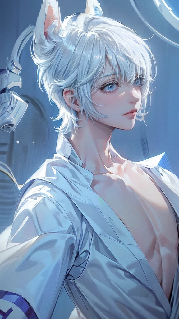 ((4K works))、​masterpiece、(top-quality)、One beautiful boy、Slim body、tall、((White ruffled shirt with bare chest))、(Detailed beautiful eyes with tears)、((Short-haired white hair))、((Smaller face))、((Neutral face))、((Bright blue eyes))、((Like a celebrity))、((Lying in bed))、((sad look))、((Korean Makeup))、((elongated and sharp eyes))、((Happy dating))、((boyish))、((Upper body photography))、Professional Photos、((Shot alone))、((He is looking up at the sky under the roof))、((Shot from the side))、((He is looking upwards))、
