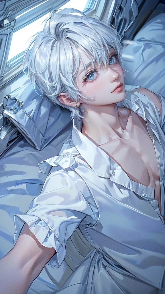 ((4K works))、​masterpiece、(top-quality)、One beautiful boy、Slim body、tall、((White ruffled shirt with bare chest))、(Detailed beautiful eyes with tears)、((Short-haired white hair))、((Smaller face))、((Neutral face))、((Bright blue eyes))、((Like a celebrity))、((Lying in bed))、((sad look))、((Korean Makeup))、((elongated and sharp eyes))、((Happy dating))、((boyish))、((Upper body photography))、Professional Photos、((Shot alone))、((He is looking up at the sky under the roof))、((Shot from the side))、((He is looking upwards))、
