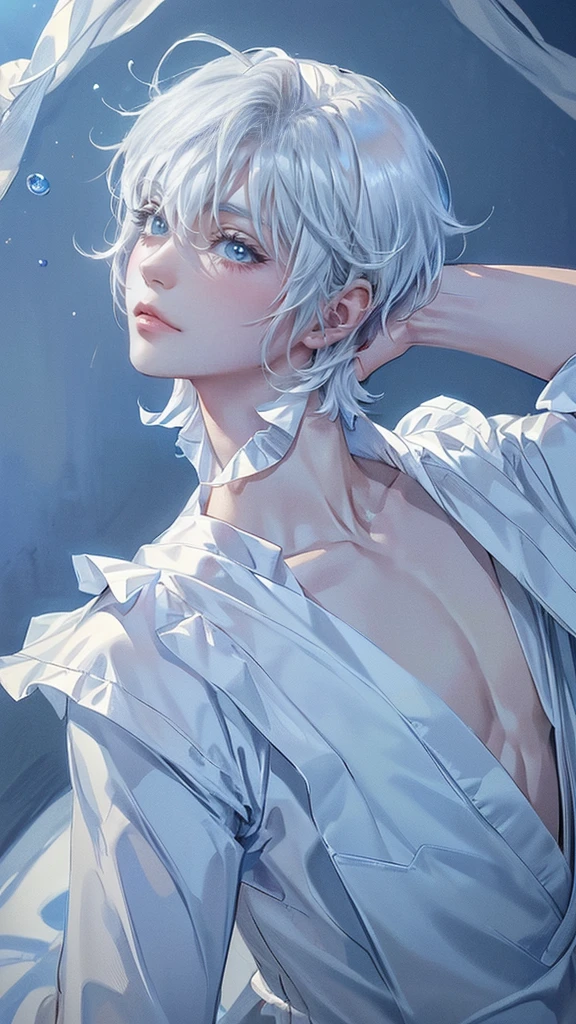 ((4K works))、​masterpiece、(top-quality)、One beautiful boy、Slim body、tall、((White ruffled shirt with bare chest))、(Detailed beautiful eyes with tears)、((Short-haired white hair))、((Smaller face))、((Neutral face))、((Bright blue eyes))、((Like a celebrity))、((Lying in bed))、((sad look))、((Korean Makeup))、((elongated and sharp eyes))、((Happy dating))、((boyish))、((Upper body photography))、Professional Photos、((Shot alone))、((He is looking up at the sky under the roof))、((Shot from the side))、((He is looking upwards))、

