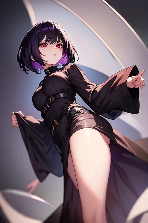 a beautiful girl with violet hair wearing a black dress, extremely detailed facial features, bob haircut, woman wearing a long b...