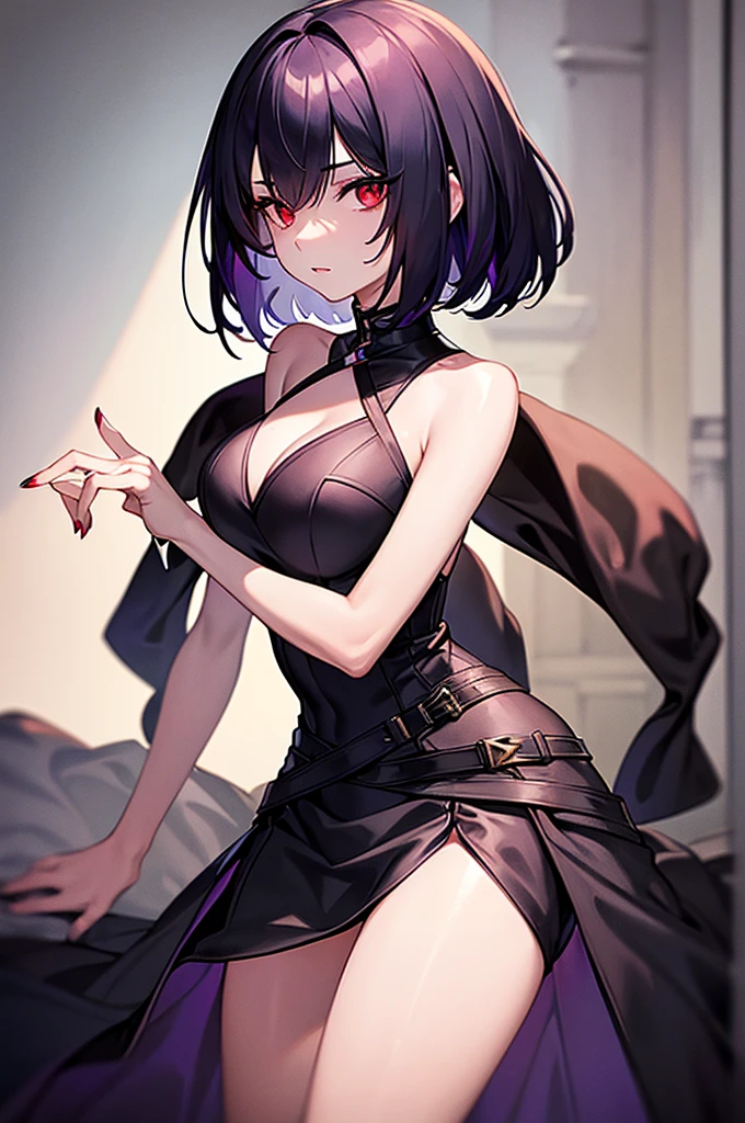 a beautiful girl with violet hair wearing a black dress, extremely detailed facial features, bob haircut, woman wearing a long black and red coat, solo character, white background, anime style, very detailed, photorealistic, 8k, best quality, masterpiece, red eyes, short hair