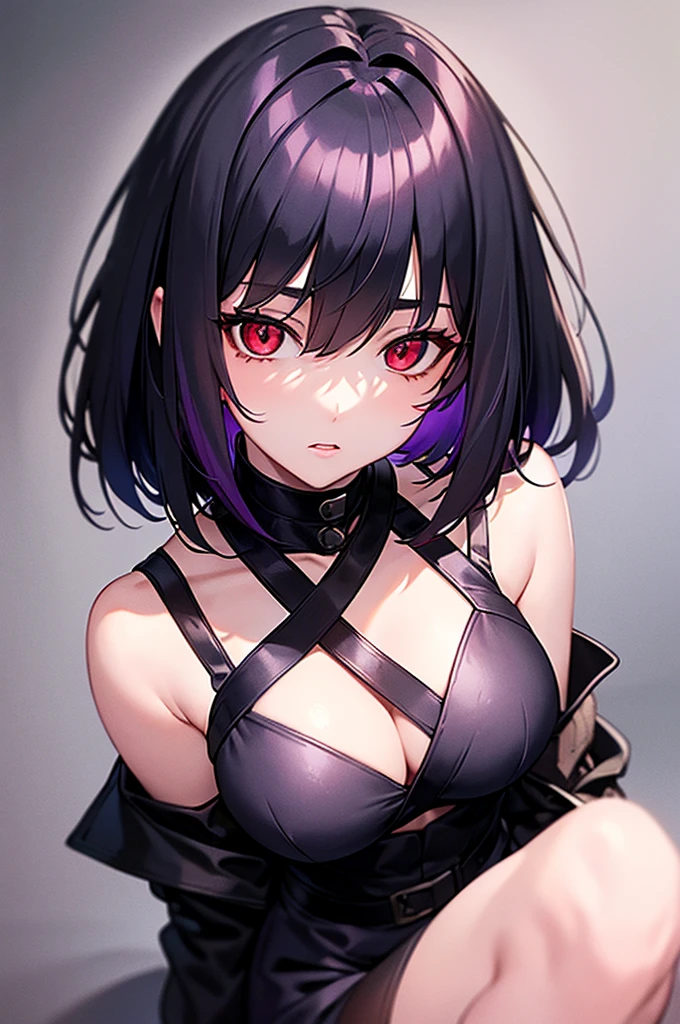 a beautiful girl with violet hair wearing a black dress, extremely detailed facial features, bob haircut, woman wearing a long black and red coat, solo character, white background, anime style, very detailed, photorealistic, 8k, best quality, masterpiece, red eyes, short hair