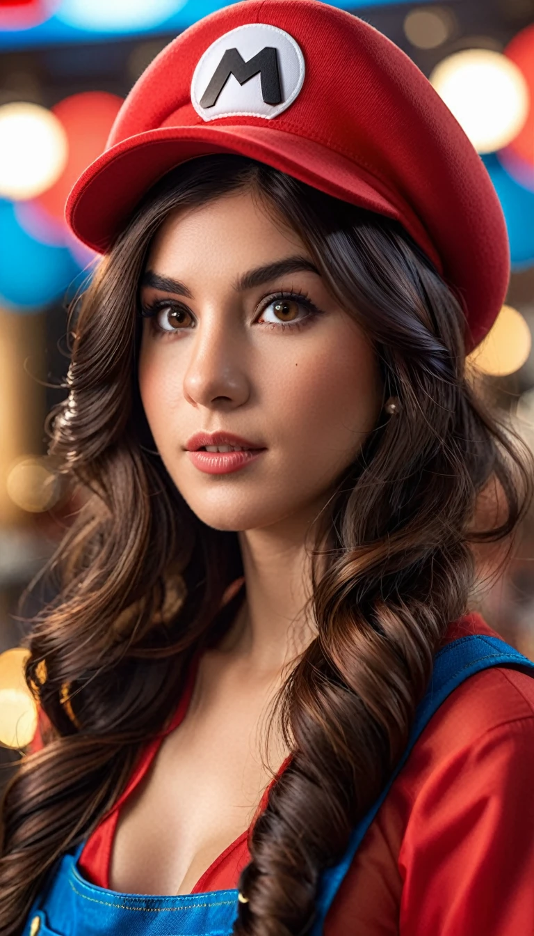 Film Photo Portraits  (((Dark brown hair woman))) Super Mario, Red Hat, fantasy, Very detailed, number, Art Station, Concept Art, Clear focus, illustration, Tony Sart、Artwork by artgerm and randy vargas  . 35mm Photo, , Bokeh, professional, 4K, Very detailed