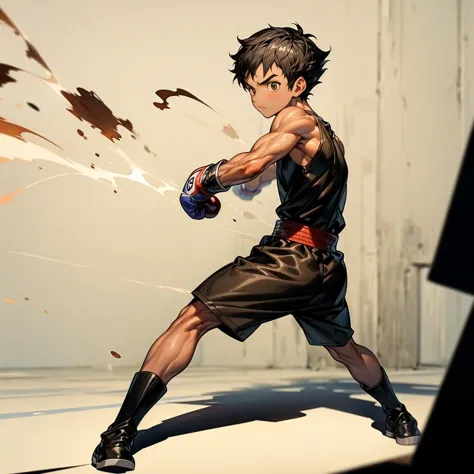 1boy, full body version, 1character, brown eyes color, tan skin, bowl hairstyle, black colour hair, muscle, boxing outfit clothi...