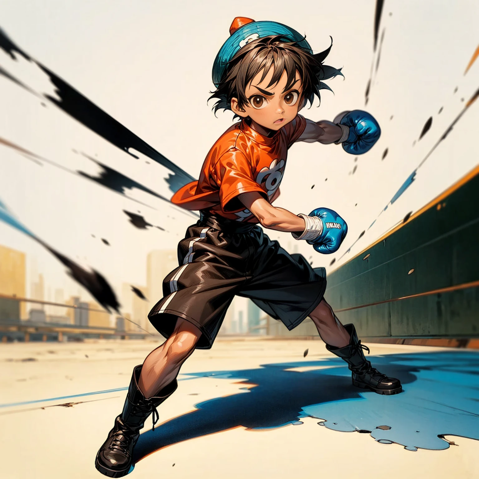 1little boy, Full body version, 1character, brown eyes color, tan skin, bowl hairstyle, black colour hair, streetwear style clothing, boots, blue hat, Grassroots background in city, motion blur, (one piece style art), shadow, no weapon, boxing gloves, boxing