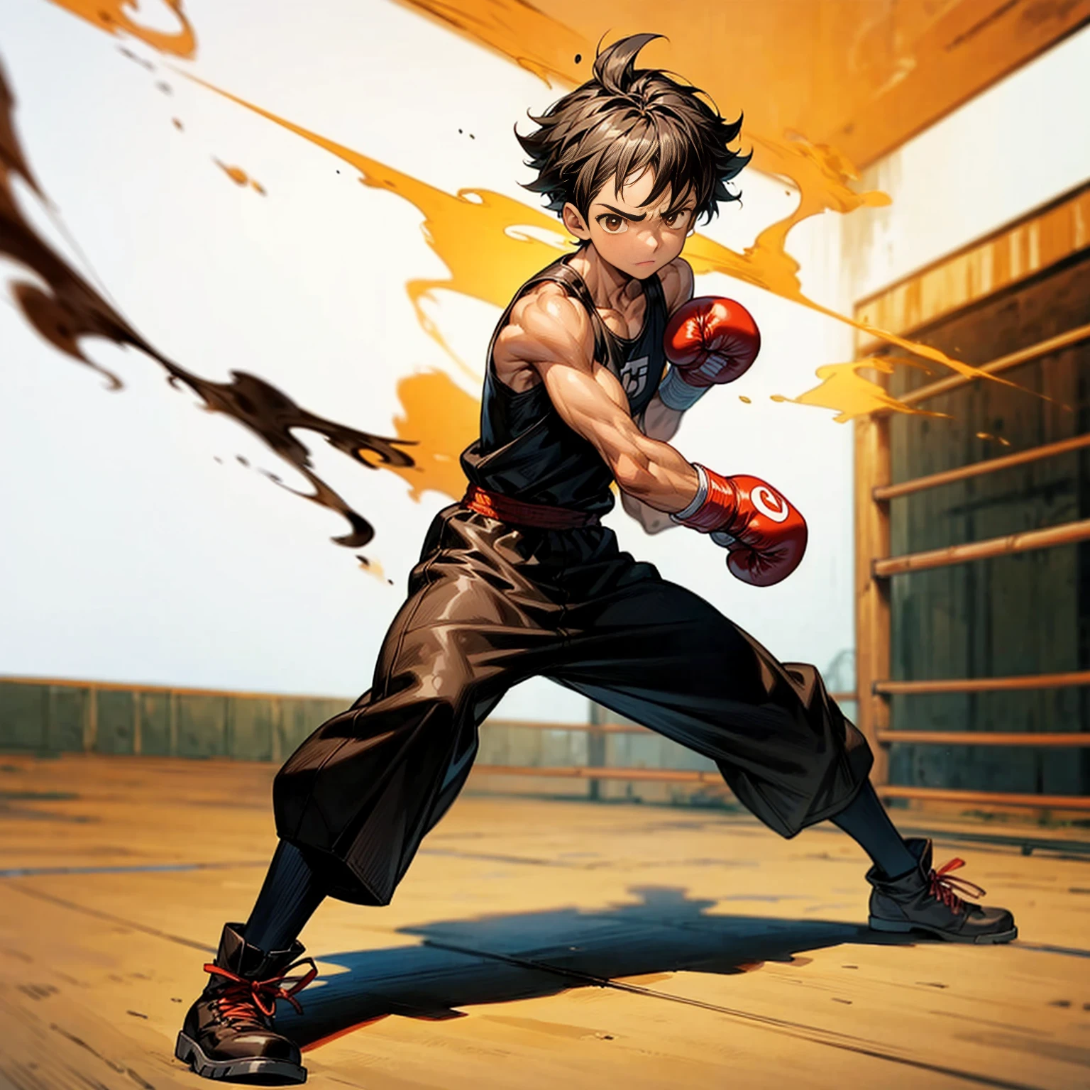 1boy, Full body version, 1character, brown eyes color, tan skin, bowl hairstyle, black colour hair, muscle, Boxing outfit clothing, boots, Grassroots background in city, motion blur, (one piece style art), shadow, no weapon, boxing gloves, boxing, Plasma effect, smoke effect, Gestures are tired, tired, his tired